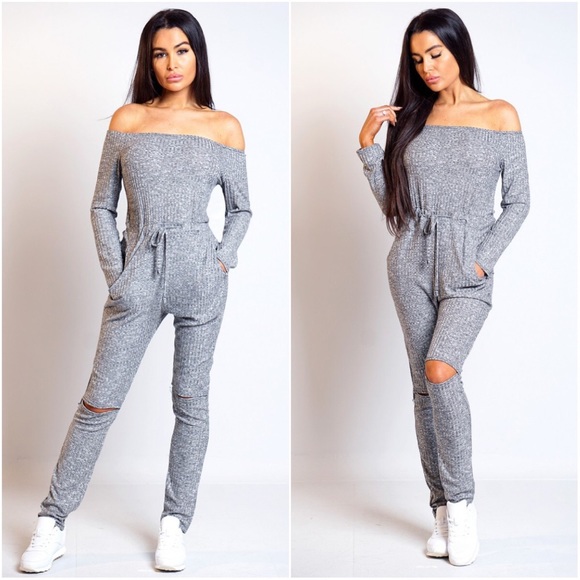 🆕Molly Ribbed Bardot Jumpsuit in Gray - Picture 3 of 6